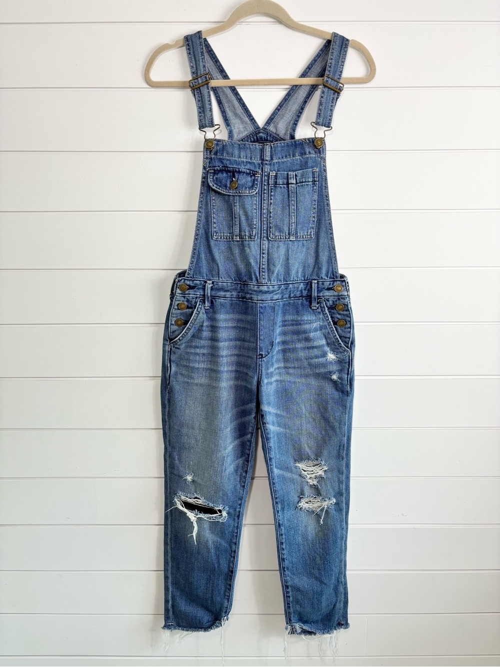 Abercrombie & Fitch Distressed Light Blue Denim Overalls Size XS